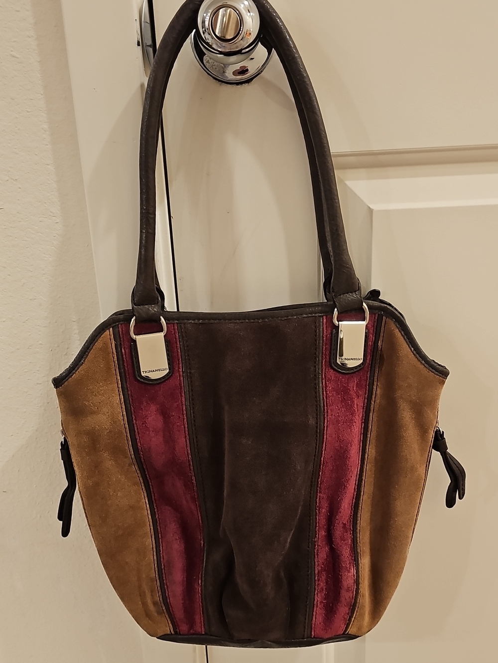 Tignanello Suede Colorblock Shoulder Bag - Brown, Tan & Burgundy